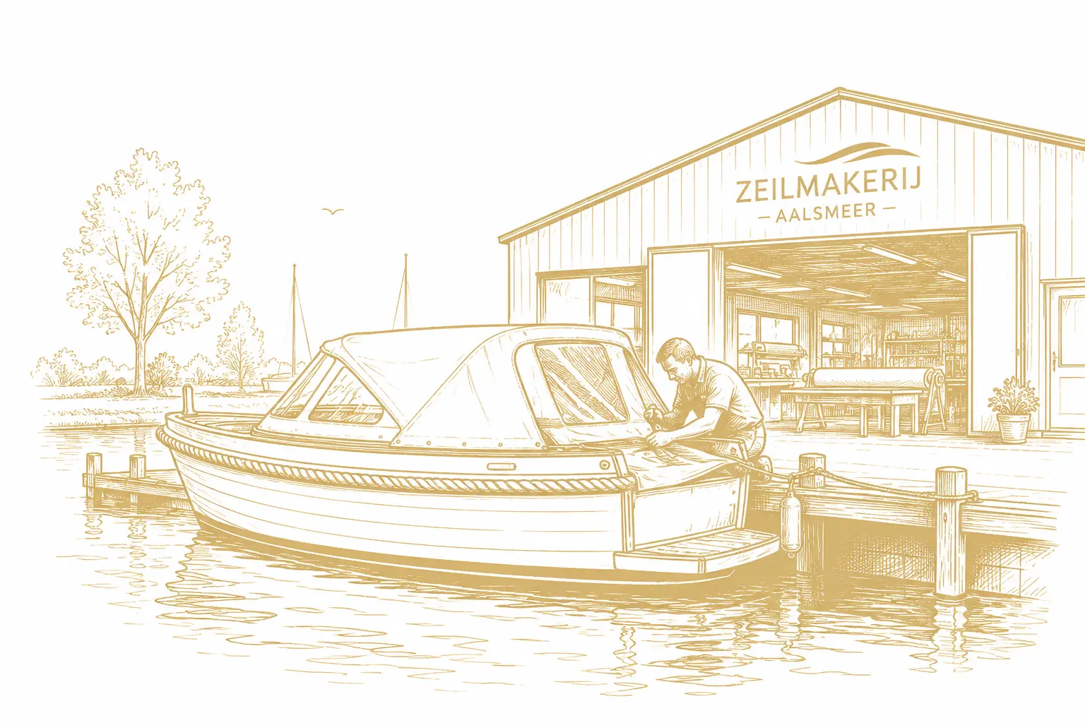 Boat berthed at a marina in front of a sailmaker's workshop labeled ZEILMAKERIJ AALSMEER