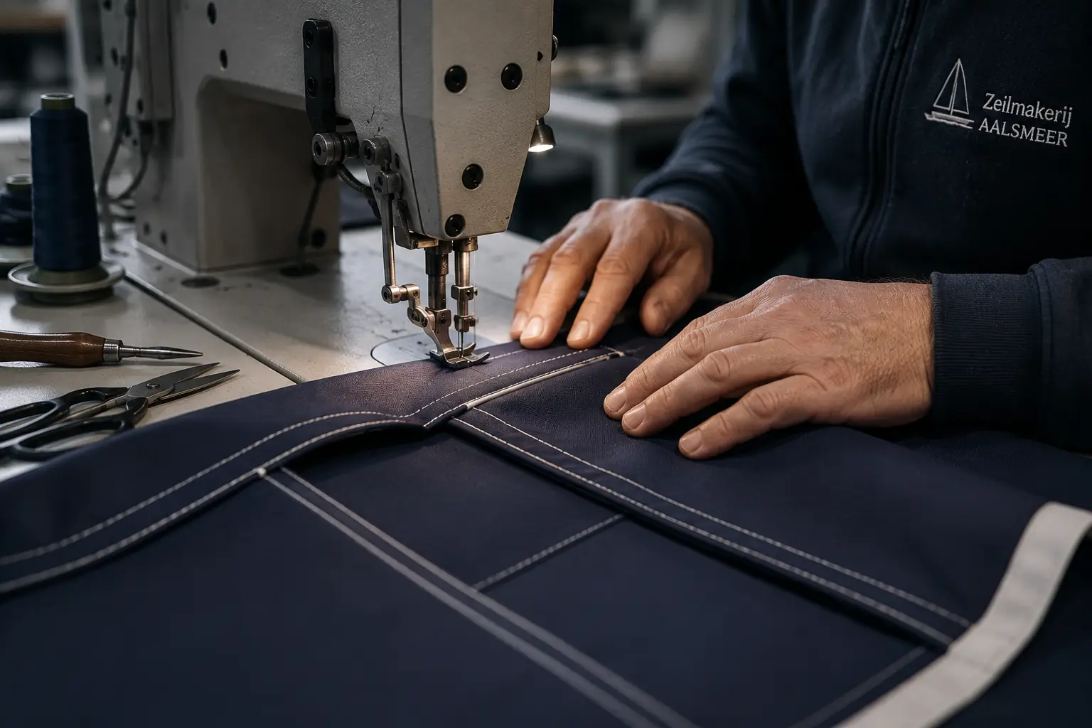 Sewing a dark navy fabric piece with an industrial sewing machine; hands guide the fabric along a white-stitched seam.