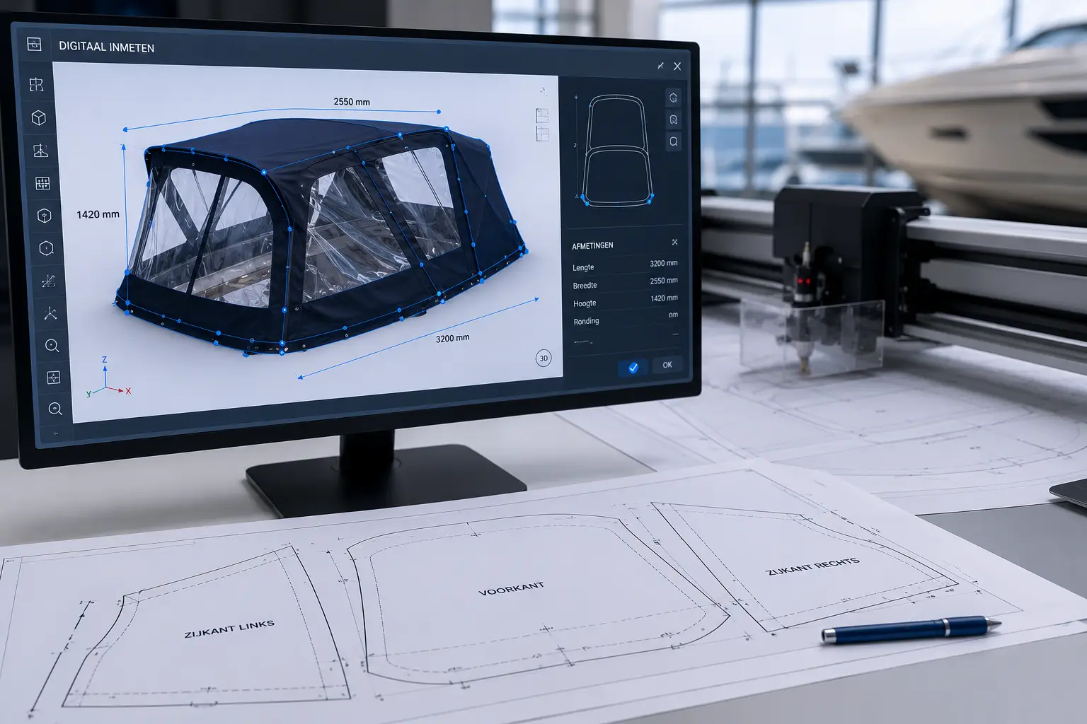 CAD software shows a blue tent model with dimension lines on screen; technical drawings and blueprint pages are on the desk nearby.