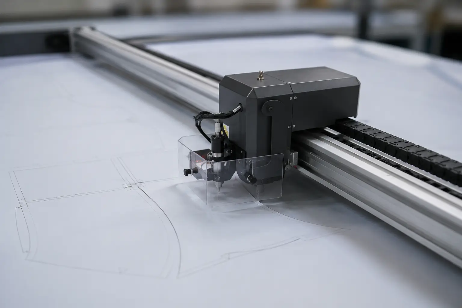 CNC plotting machine drawing precise blueprint lines on a large sheet, with a dark rectangular head and a clear protective shield in the foreground.