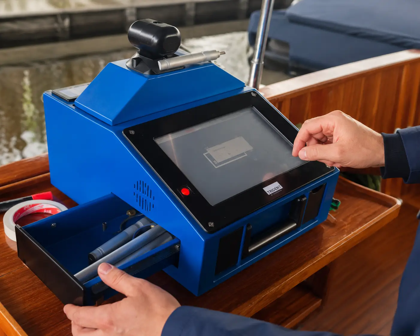 Blue ID card printer on a wooden bench, user taps the touchscreen to operate the device.