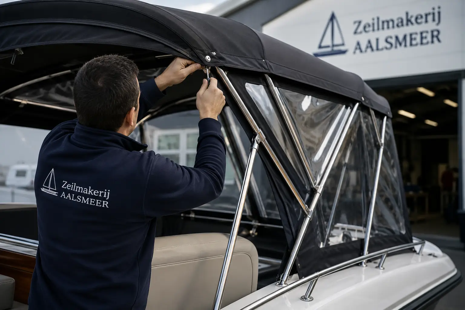 Man in a navy hoodie repairing a black boat canopy on a white motorboat at a marina; logo reads Zeilmakerij AALSmeer on his back.