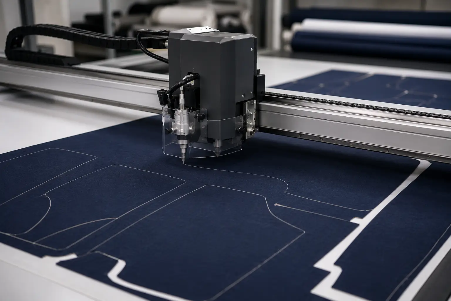 CNC fabric cutter tracing and cutting white outline shapes on dark blue textile.