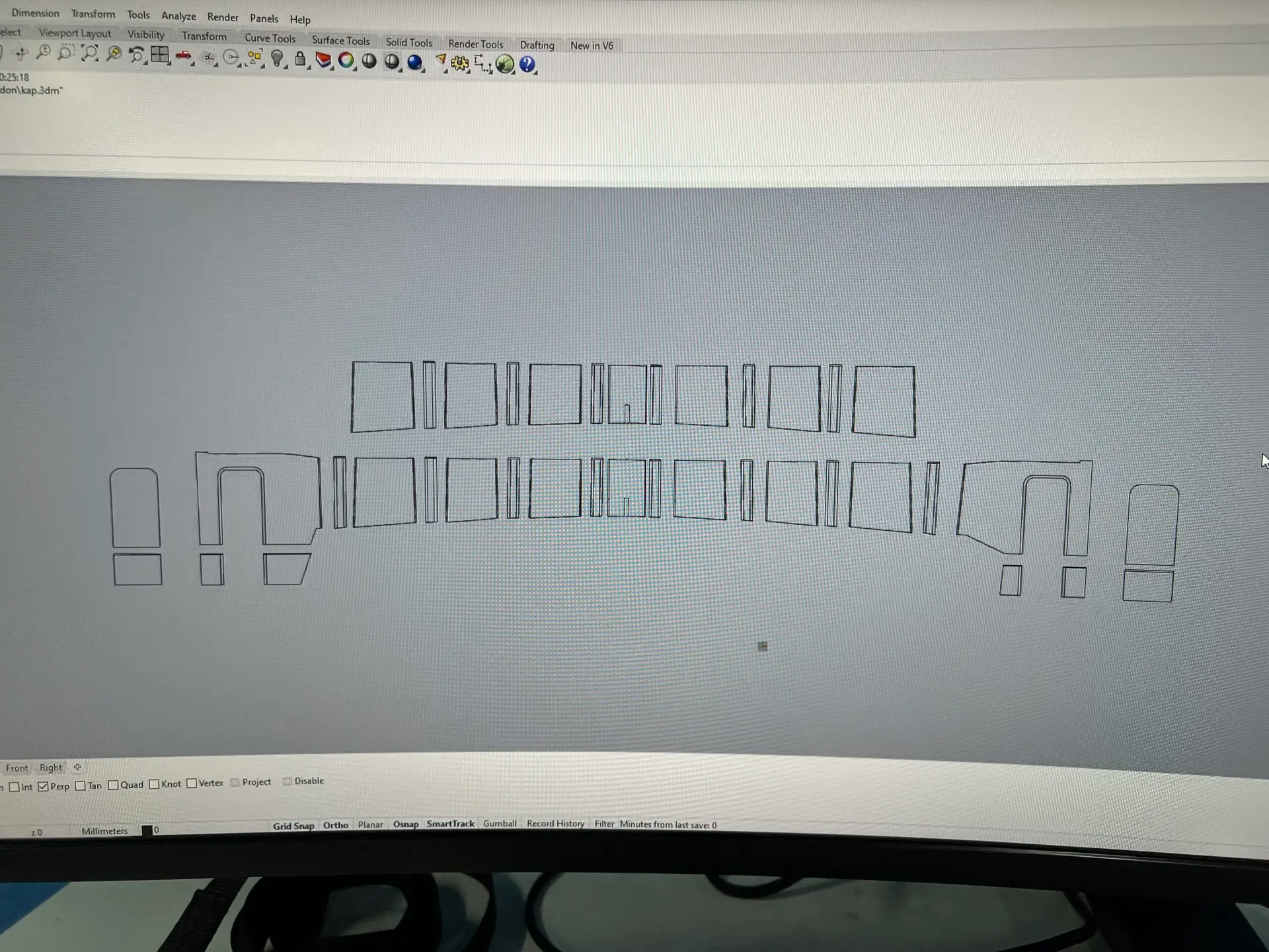 CAD software showing a sequence of rectangular blocks arranged in two curved rows on a gray background, resembling a layout diagram.